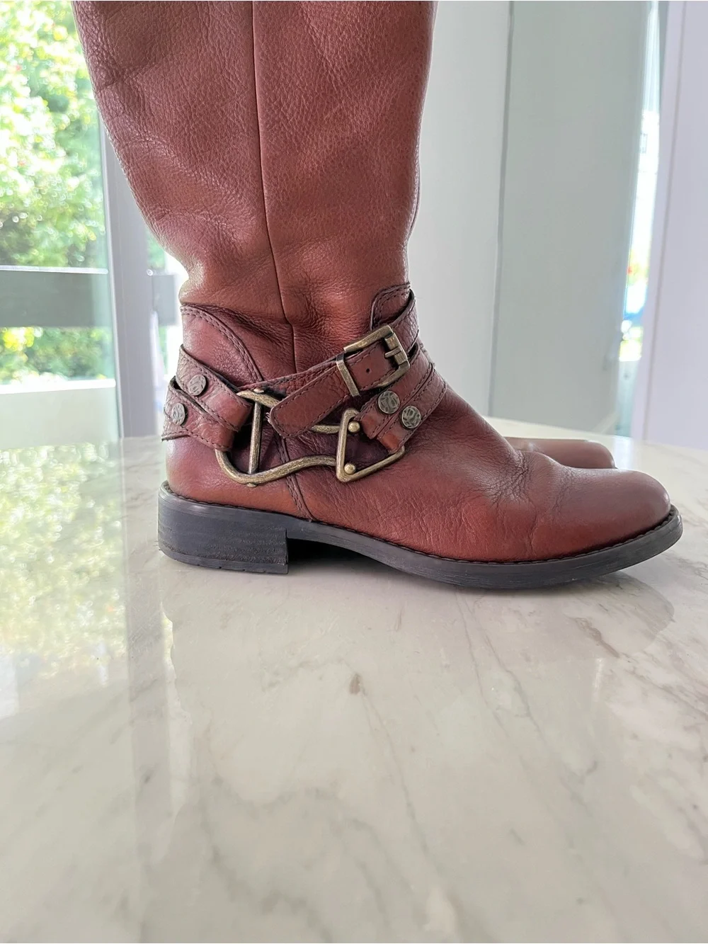 Gabor Chestnut Brown Leather Under-the-Knee Boots with Buckle Straps